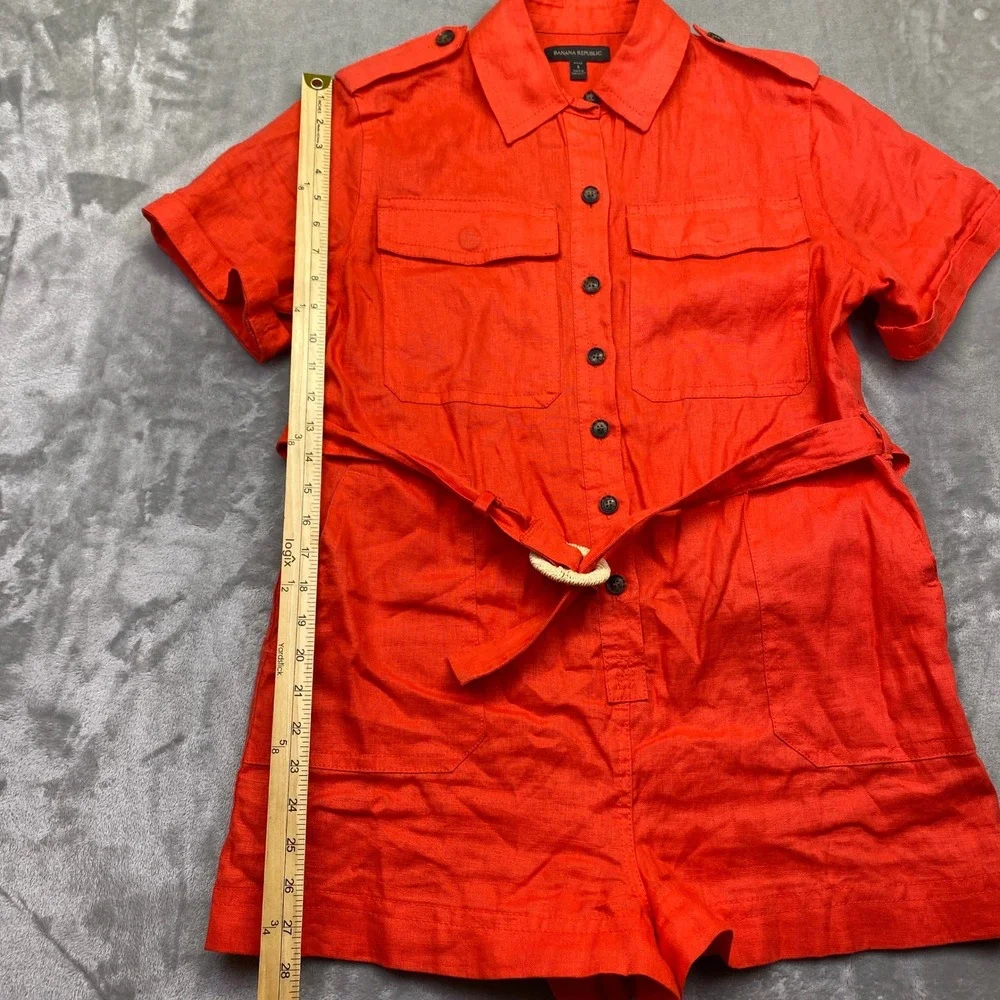 Banana Republic Petite Orange Linen Utility Romper Belted Short Sleeve Sz S Boho